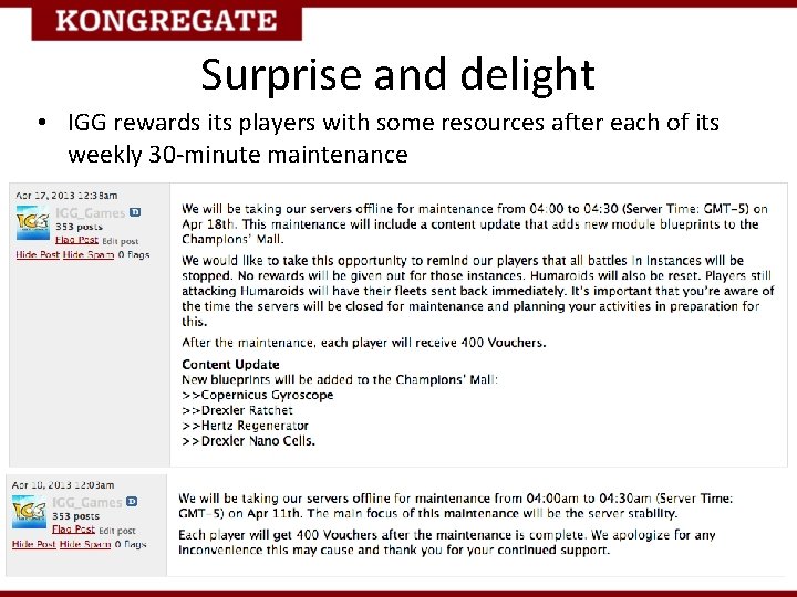 Surprise and delight • IGG rewards its players with some resources after each of