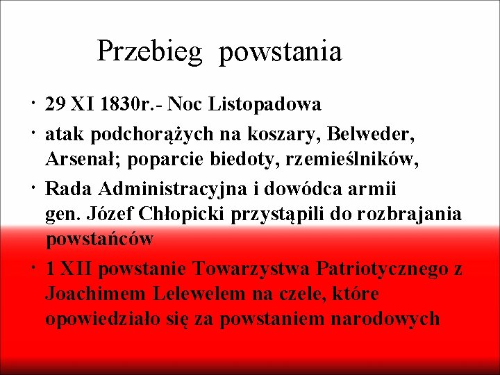 Przebieg powstania 29 XI 1830 r. - Noc Listopadowa atak podchorążych na koszary, Belweder,