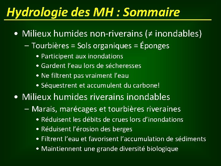 Hydrologie des MH : Sommaire • Milieux humides non-riverains (≠ inondables) – Tourbières =