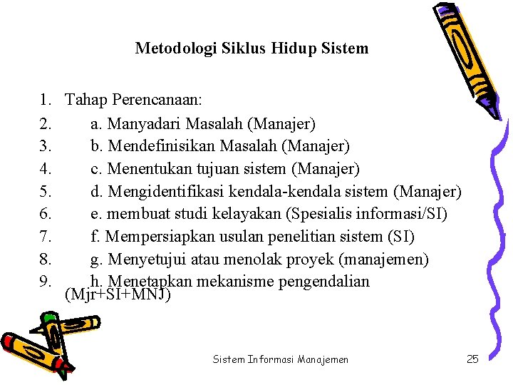 Metodologi Siklus Hidup Sistem 1. Tahap Perencanaan: 2. a. Manyadari Masalah (Manajer) 3. b.