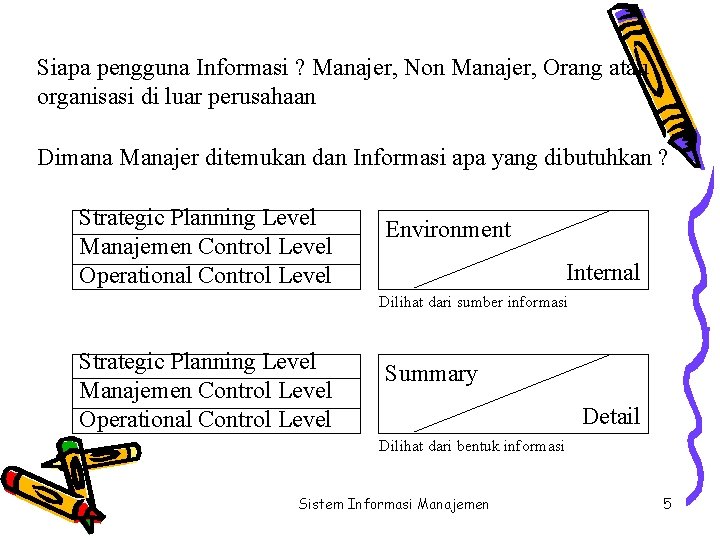 Siapa pengguna Informasi ? Manajer, Non Manajer, Orang atau organisasi di luar perusahaan Dimana