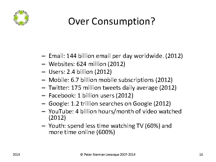 Over Consumption? Email: 144 billion email per day worldwide. (2012) Websites: 624 million (2012)