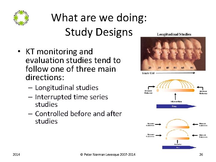 What are we doing: Study Designs • KT monitoring and evaluation studies tend to