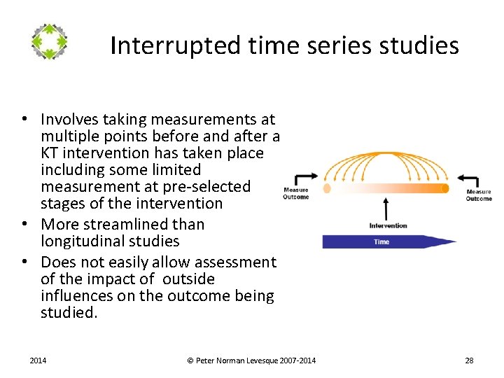 Interrupted time series studies • Involves taking measurements at multiple points before and after