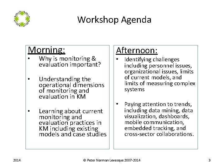 Workshop Agenda Morning: • Why is monitoring & evaluation important? • Understanding the operational