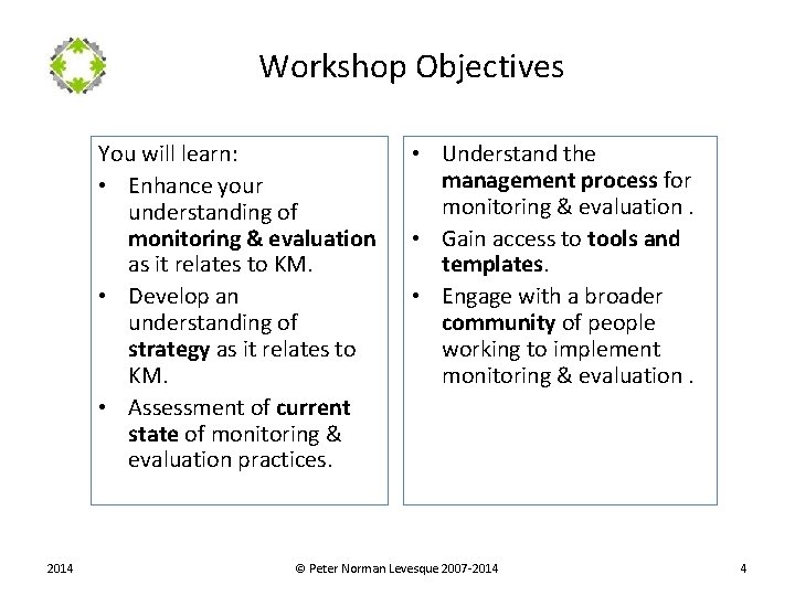 Workshop Objectives You will learn: • Enhance your understanding of monitoring & evaluation as