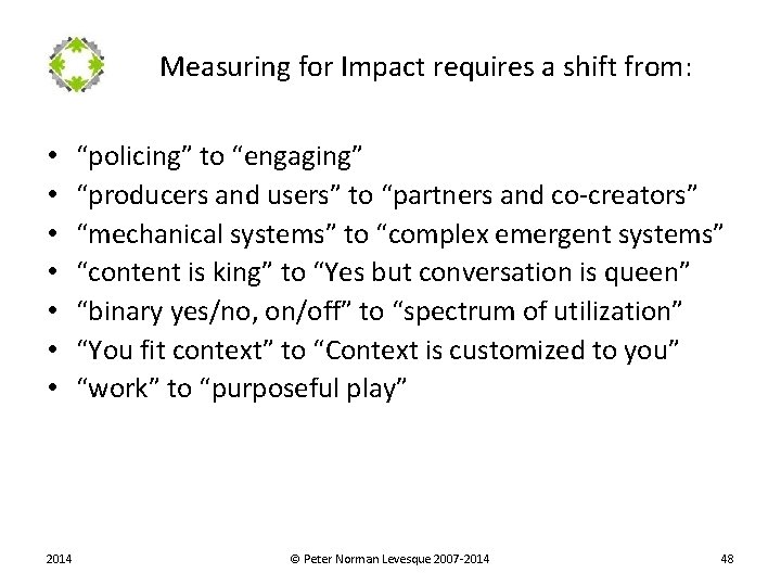 Measuring for Impact requires a shift from: • • 2014 “policing” to “engaging” “producers