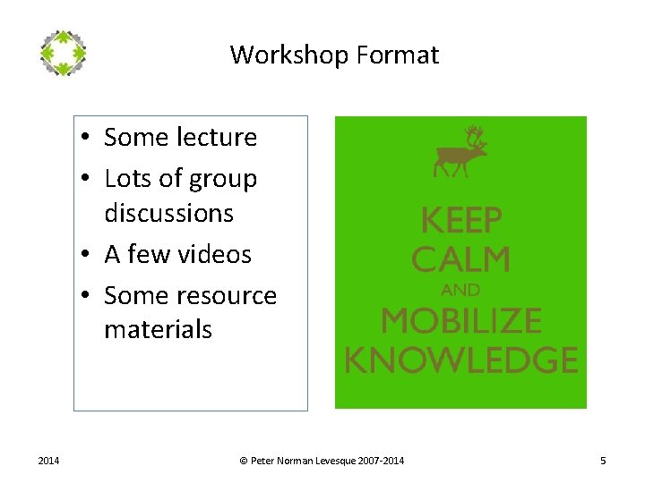 Workshop Format • Some lecture • Lots of group discussions • A few videos