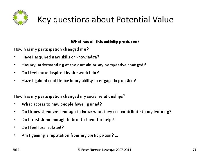  Key questions about Potential Value What has all this activity produced? How has