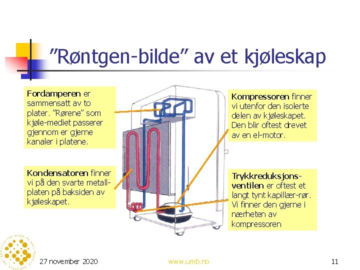 ”Røntgen-bilde” av et kjøleskap Fordamperen er sammensatt av to plater. ”Rørene” som kjøle-mediet passerer