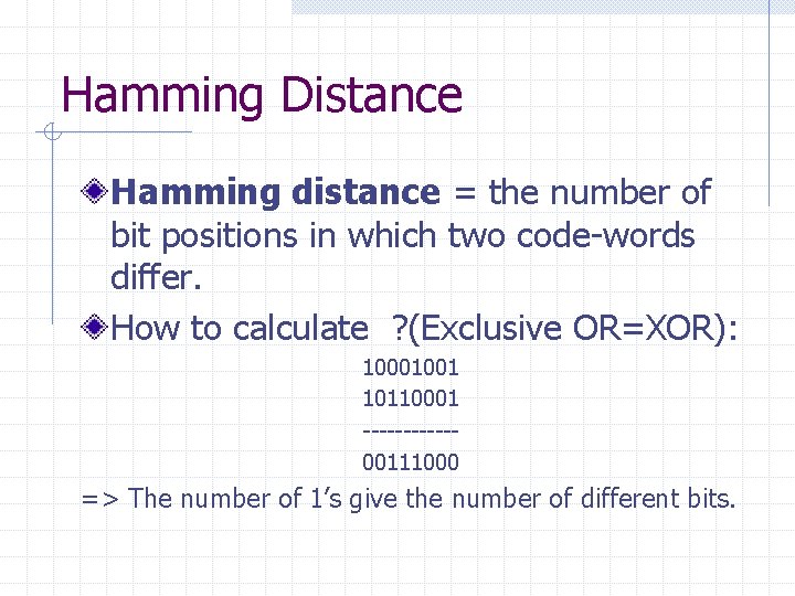 Hamming Distance Hamming distance = the number of bit positions in which two code-words