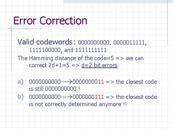 Error Correction Valid codewords: 00000, 0000011111, 1111100000, and 11111 The Hamming distance of the