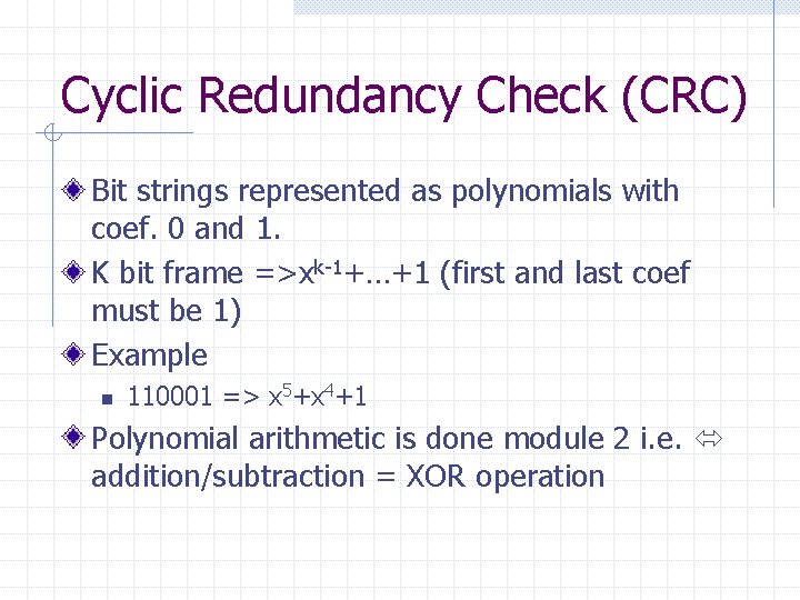Cyclic Redundancy Check (CRC) Bit strings represented as polynomials with coef. 0 and 1.