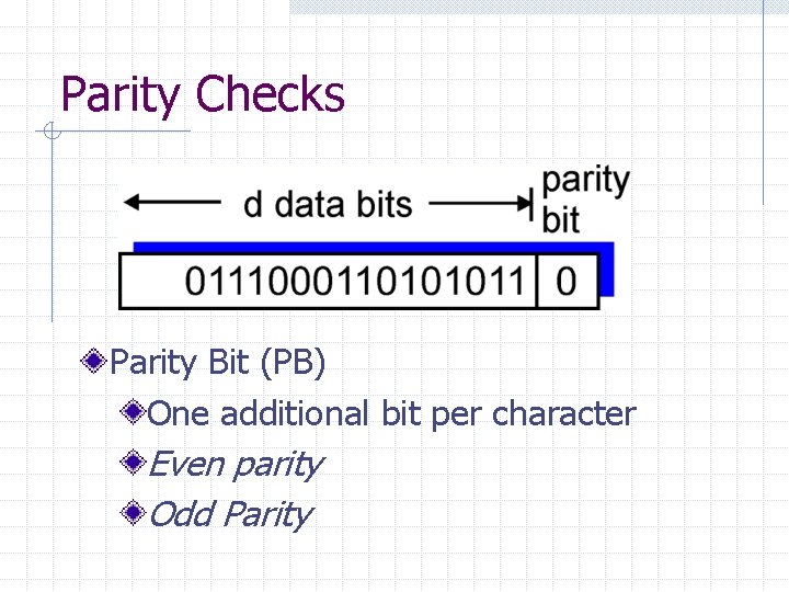 Parity Checks Parity Bit (PB) One additional bit per character Even parity Odd Parity