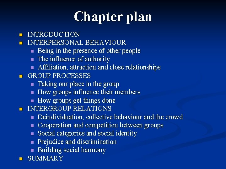 Chapter plan n n INTRODUCTION INTERPERSONAL BEHAVIOUR n Being in the presence of other