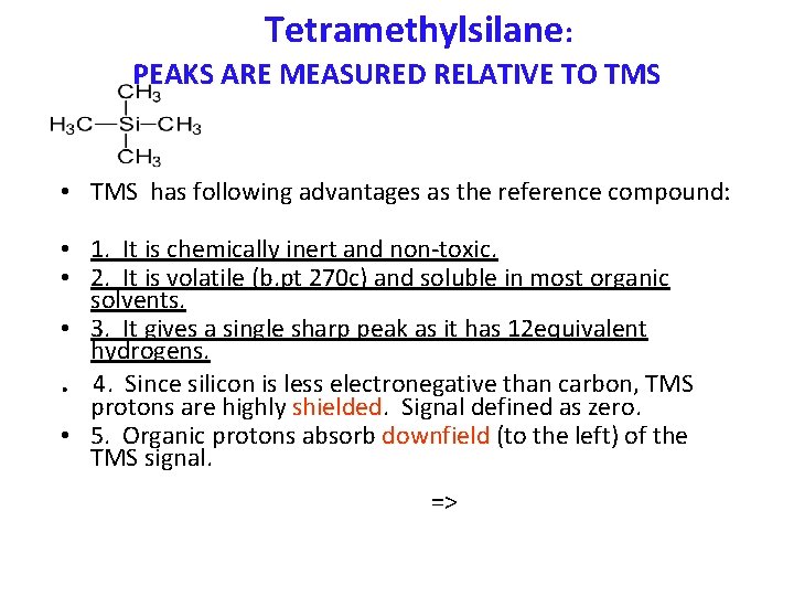  Tetramethylsilane: PEAKS ARE MEASURED RELATIVE TO TMS • TMS has following advantages as
