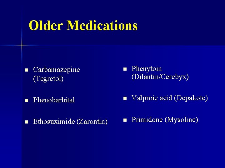 Older Medications n Carbamazepine (Tegretol) n Phenytoin (Dilantin/Cerebyx) n Phenobarbital n Valproic acid (Depakote)