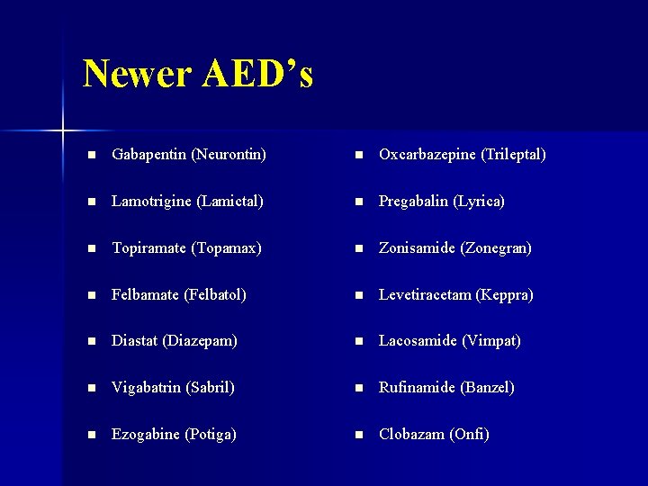 Newer AED’s n Gabapentin (Neurontin) n Oxcarbazepine (Trileptal) n Lamotrigine (Lamictal) n Pregabalin (Lyrica)