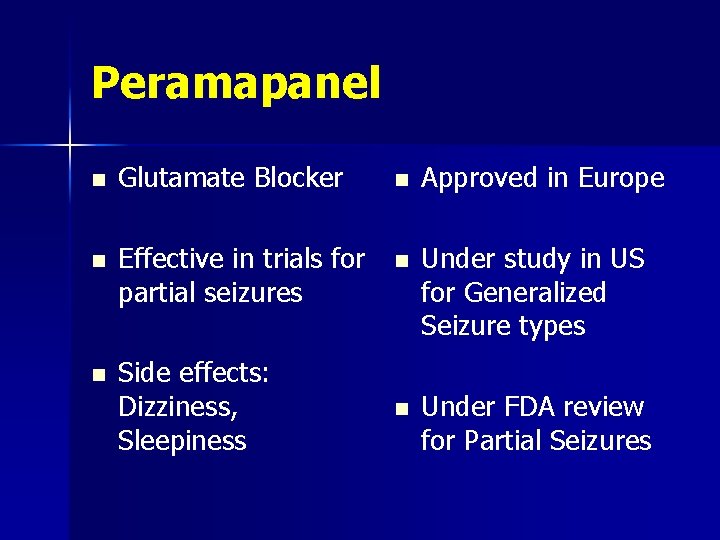 Peramapanel n Glutamate Blocker n Approved in Europe n Effective in trials for partial