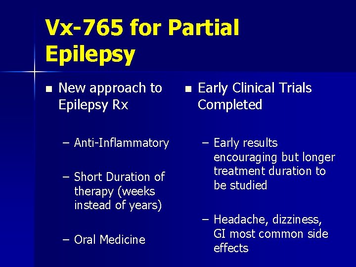 Vx-765 for Partial Epilepsy n New approach to Epilepsy Rx – Anti-Inflammatory – Short