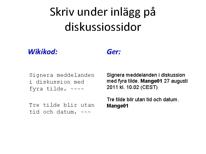 Skriv under inlägg på diskussiossidor Wikikod: Ger: Signera meddelanden i diskussion med fyra tilde.