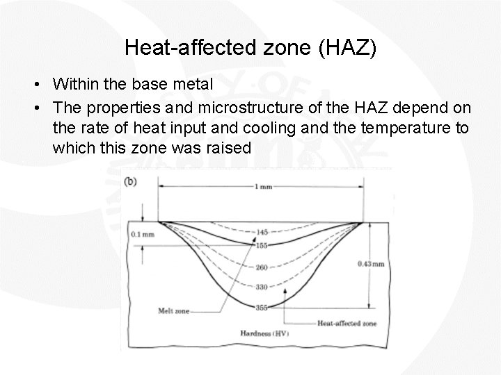 Heat-affected zone (HAZ) • Within the base metal • The properties and microstructure of