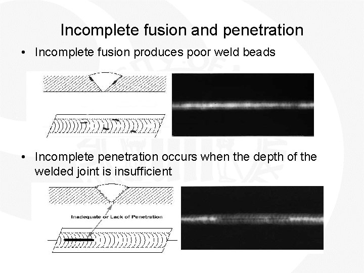 Incomplete fusion and penetration • Incomplete fusion produces poor weld beads • Incomplete penetration