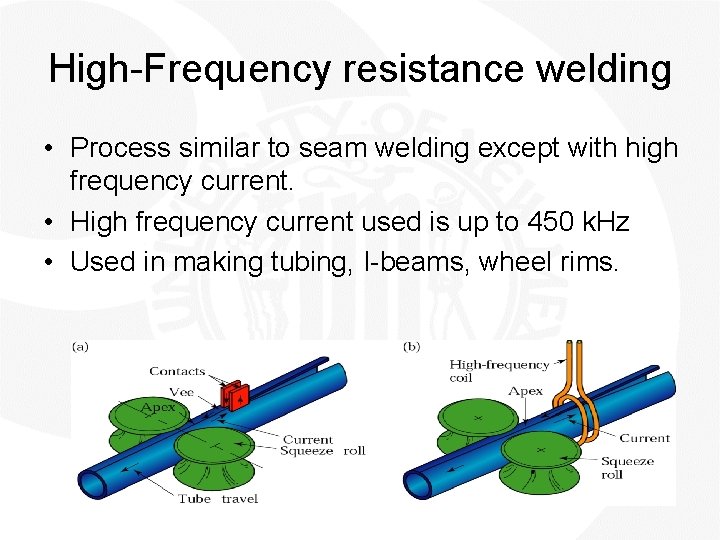 High-Frequency resistance welding • Process similar to seam welding except with high frequency current.