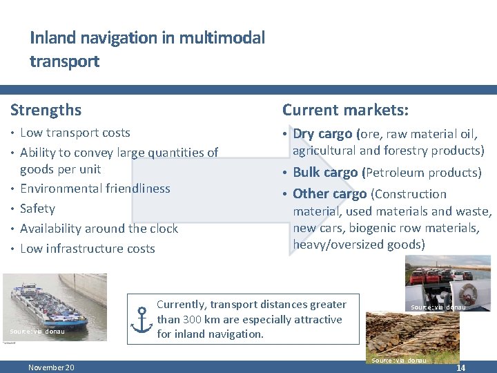 Inland navigation in multimodal transport Strengths Current markets: • Low transport costs • Dry