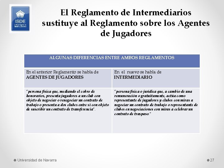 El Reglamento de Intermediarios sustituye al Reglamento sobre los Agentes de Jugadores ALGUNAS DIFERENCIAS