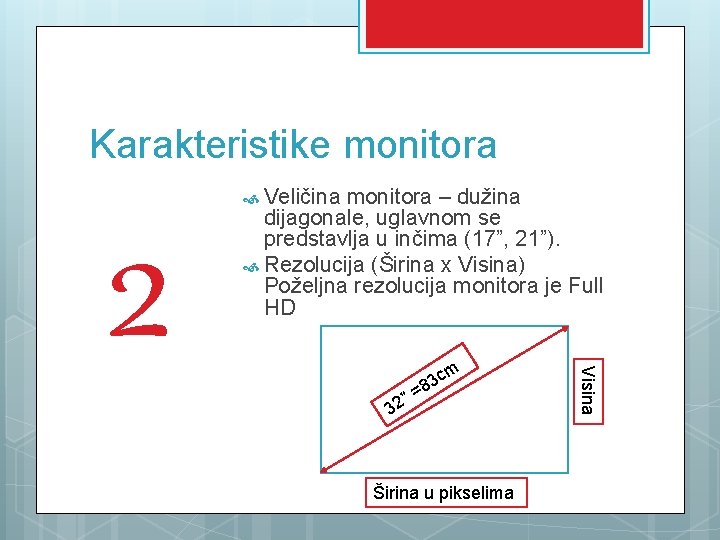 Karakteristike monitora – dužina dijagonale, uglavnom se predstavlja u inčima (17”, 21”). Rezolucija (Širina