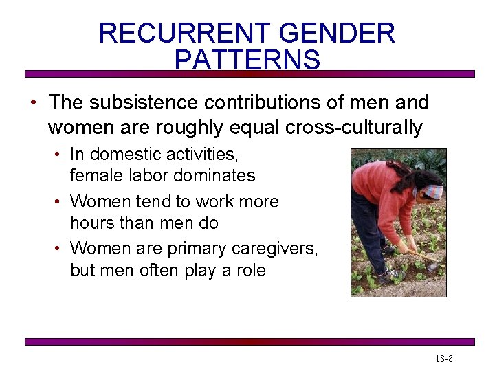 RECURRENT GENDER PATTERNS • The subsistence contributions of men and women are roughly equal