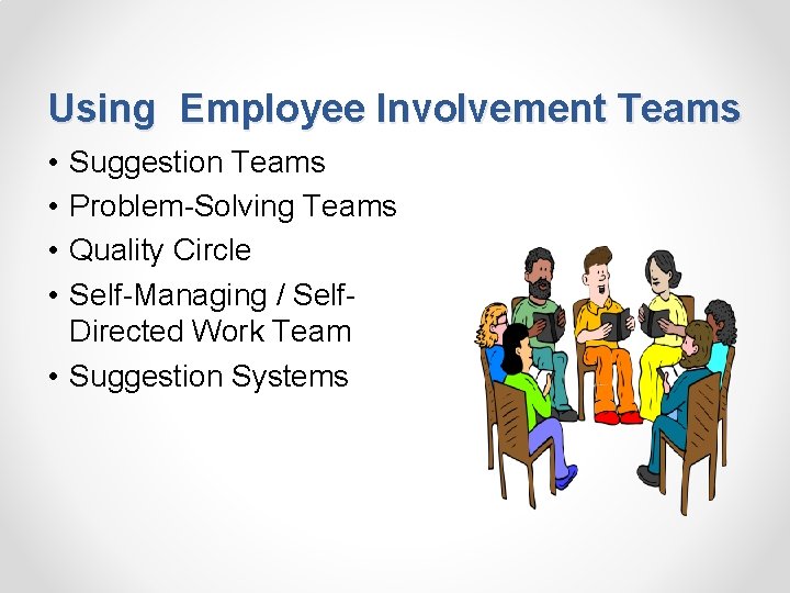 Using Employee Involvement Teams • • Suggestion Teams Problem-Solving Teams Quality Circle Self-Managing /