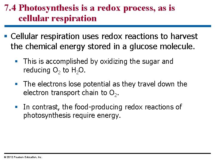 7. 4 Photosynthesis is a redox process, as is cellular respiration § Cellular respiration