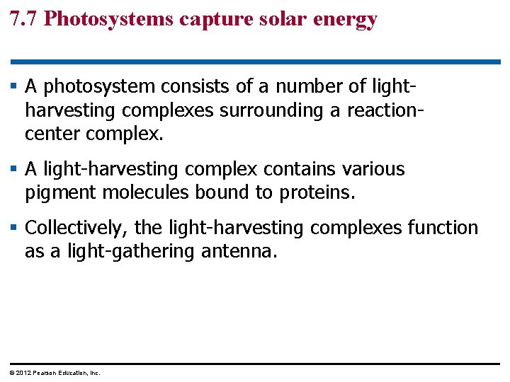 7. 7 Photosystems capture solar energy § A photosystem consists of a number of