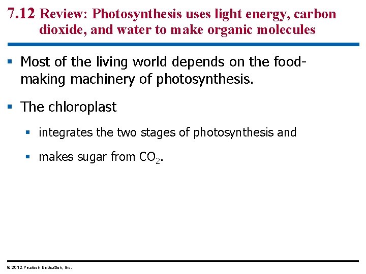 7. 12 Review: Photosynthesis uses light energy, carbon dioxide, and water to make organic