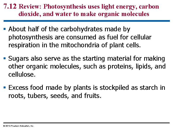 7. 12 Review: Photosynthesis uses light energy, carbon dioxide, and water to make organic