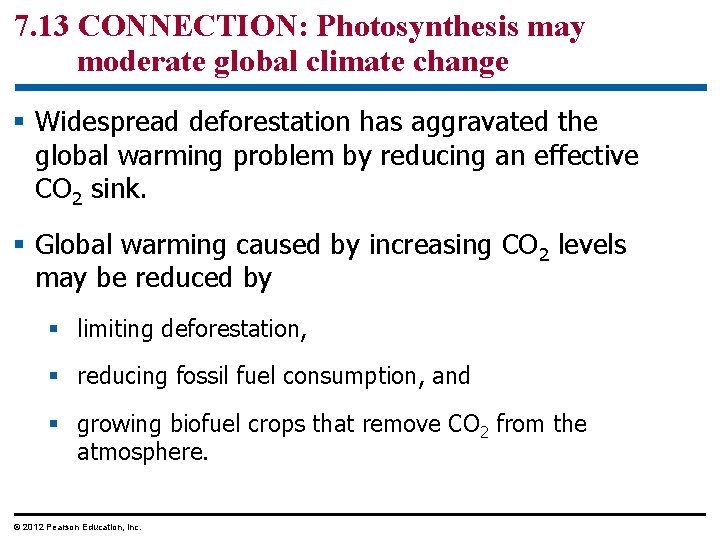 7. 13 CONNECTION: Photosynthesis may moderate global climate change § Widespread deforestation has aggravated