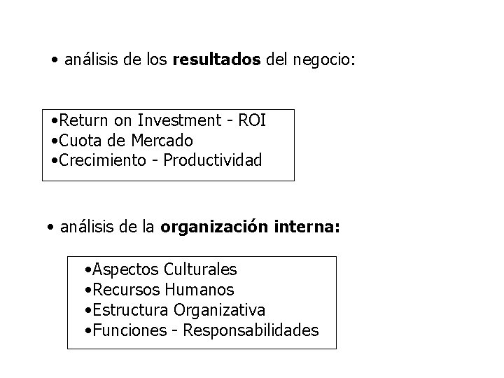  • análisis de los resultados del negocio: • Return on Investment - ROI