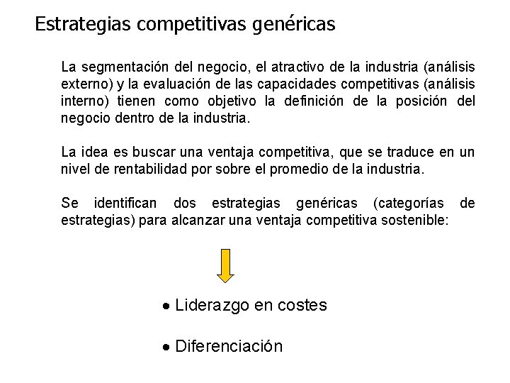 Estrategias competitivas genéricas La segmentación del negocio, el atractivo de la industria (análisis externo)