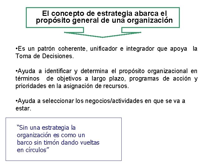 El concepto de estrategia abarca el propósito general de una organización • Es un