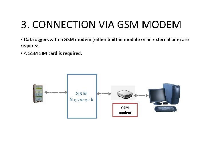 3. CONNECTION VIA GSM MODEM • Dataloggers with a GSM modem (either built-in module