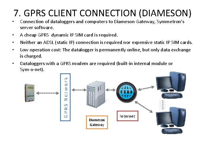 7. GPRS CLIENT CONNECTION (DIAMESON) • • • Connection of dataloggers and computers to