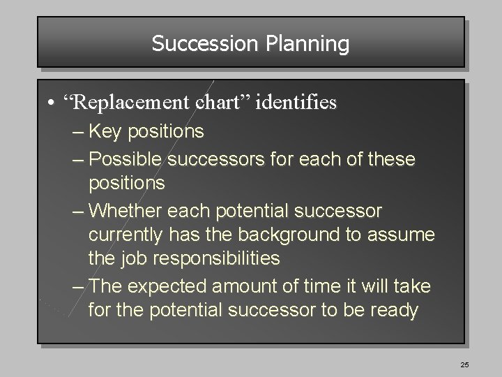 Succession Planning • “Replacement chart” identifies – Key positions – Possible successors for each