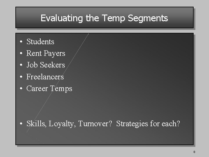 Evaluating the Temp Segments • • • Students Rent Payers Job Seekers Freelancers Career