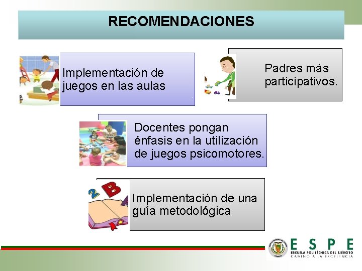 RECOMENDACIONES Implementación de juegos en las aulas Padres más participativos. Docentes pongan énfasis en RECOMENDACIONES Implementación de juegos en las aulas Padres más participativos. Docentes pongan énfasis en