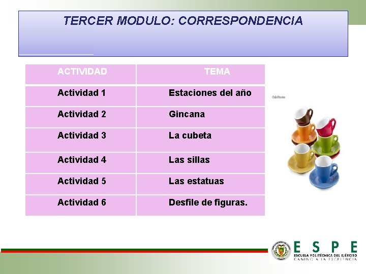 TERCER MODULO: CORRESPONDENCIA ACTIVIDAD TEMA Actividad 1 Estaciones del año Actividad 2 Gincana Actividad TERCER MODULO: CORRESPONDENCIA ACTIVIDAD TEMA Actividad 1 Estaciones del año Actividad 2 Gincana Actividad