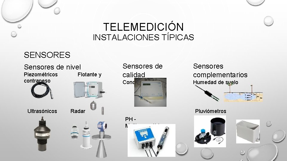 TELEMEDICIÓN INSTALACIONES TÍPICAS SENSORES Sensores de nivel Piezométricos contrapeso Ultrasónicos Flotante y Sensores de TELEMEDICIÓN INSTALACIONES TÍPICAS SENSORES Sensores de nivel Piezométricos contrapeso Ultrasónicos Flotante y Sensores de
