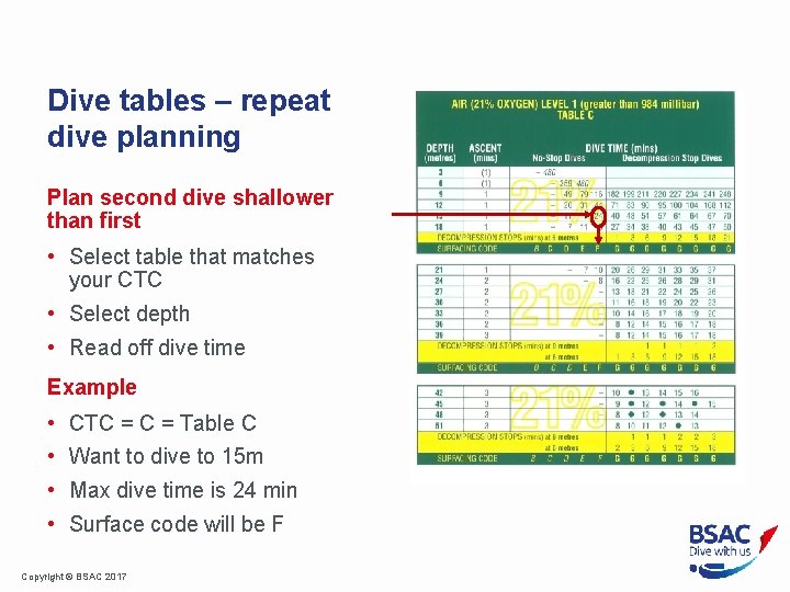 Dive tables – repeat dive planning Plan second dive shallower than first • Select