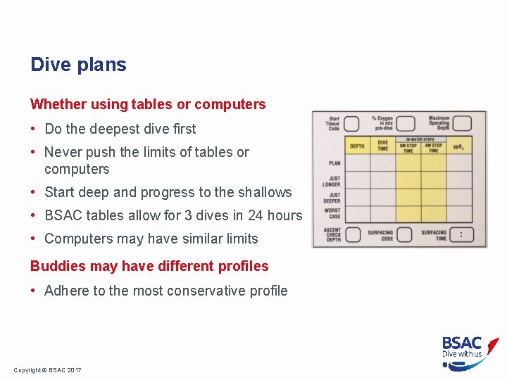 Dive plans Whether using tables or computers • Do the deepest dive first •